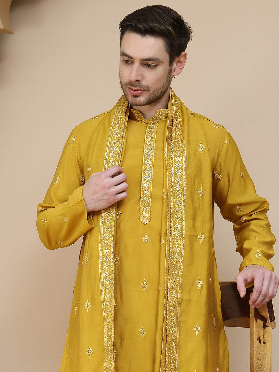 DesiQlo Men Embroidered Kurta Only - Yellow - KO_D_5088Mustard_S