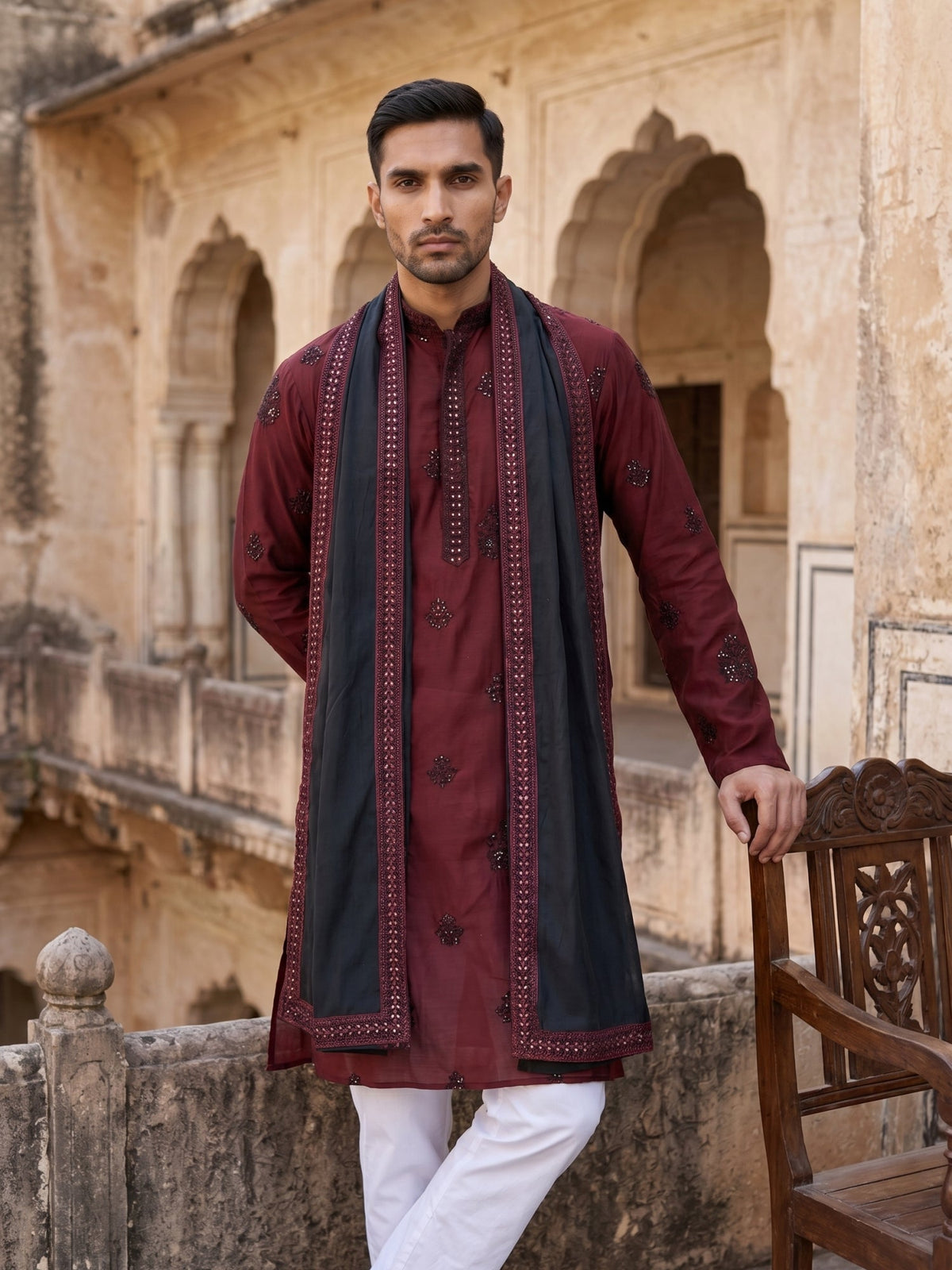 Embroidered & Sequin Kurta With Dupatta ( KO D 5091Maroon )