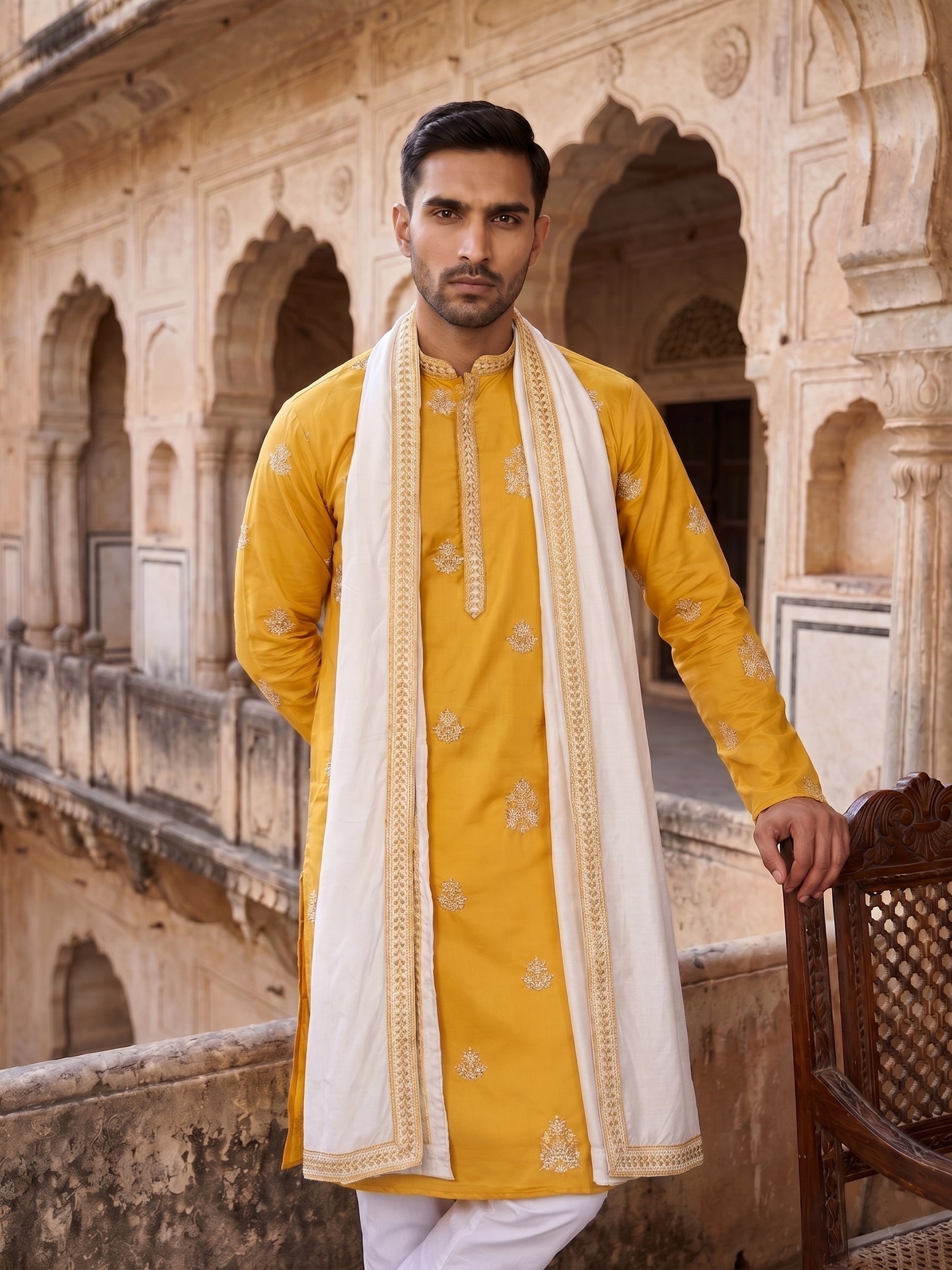 DesiQlo Men Embroidered Kurta Only - Yellow - KO_D_5091Mustard_S