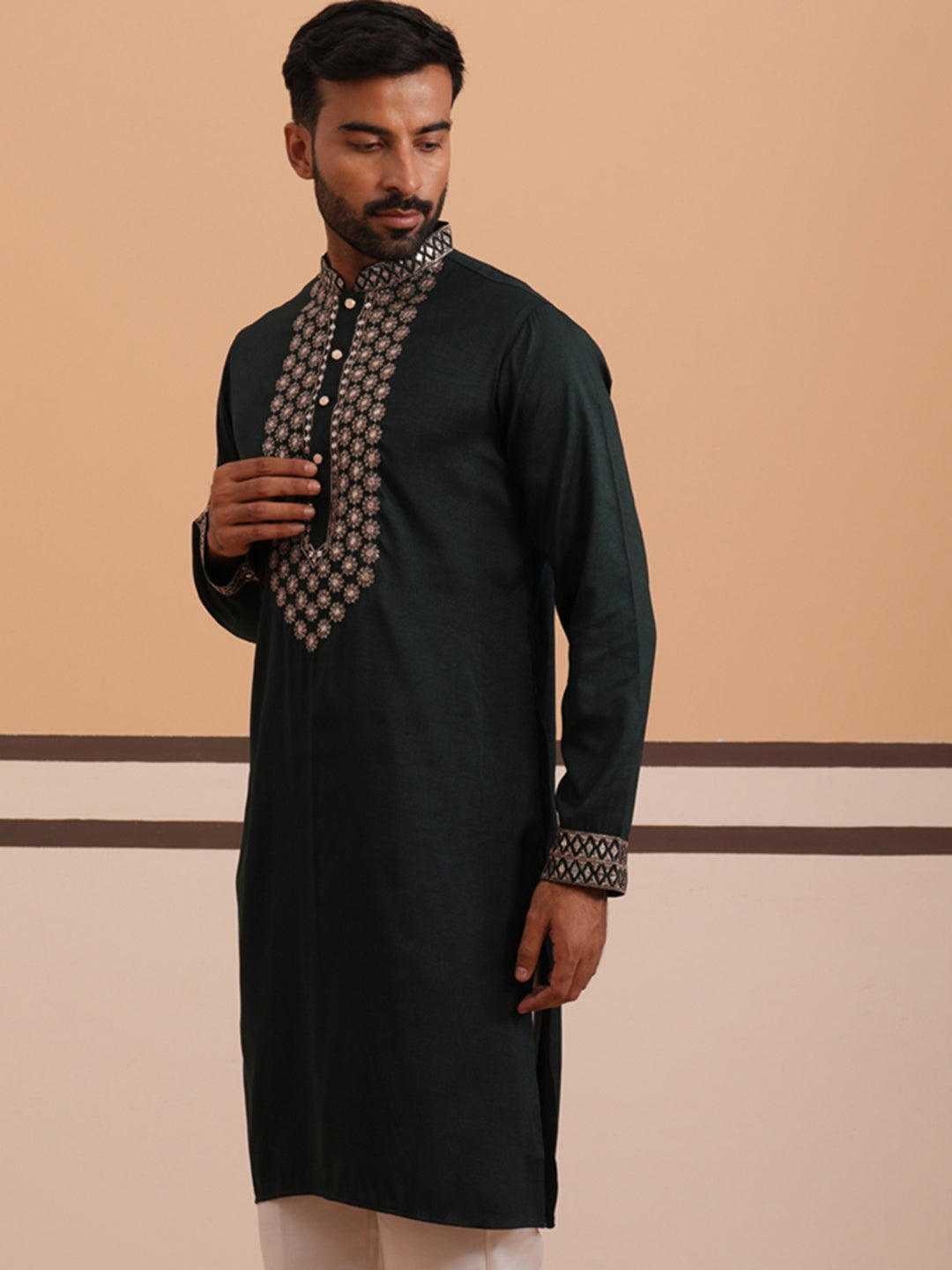 DesiQlo Men Embroidered Kurta Only - Green - KO_D_5320Olive_S
