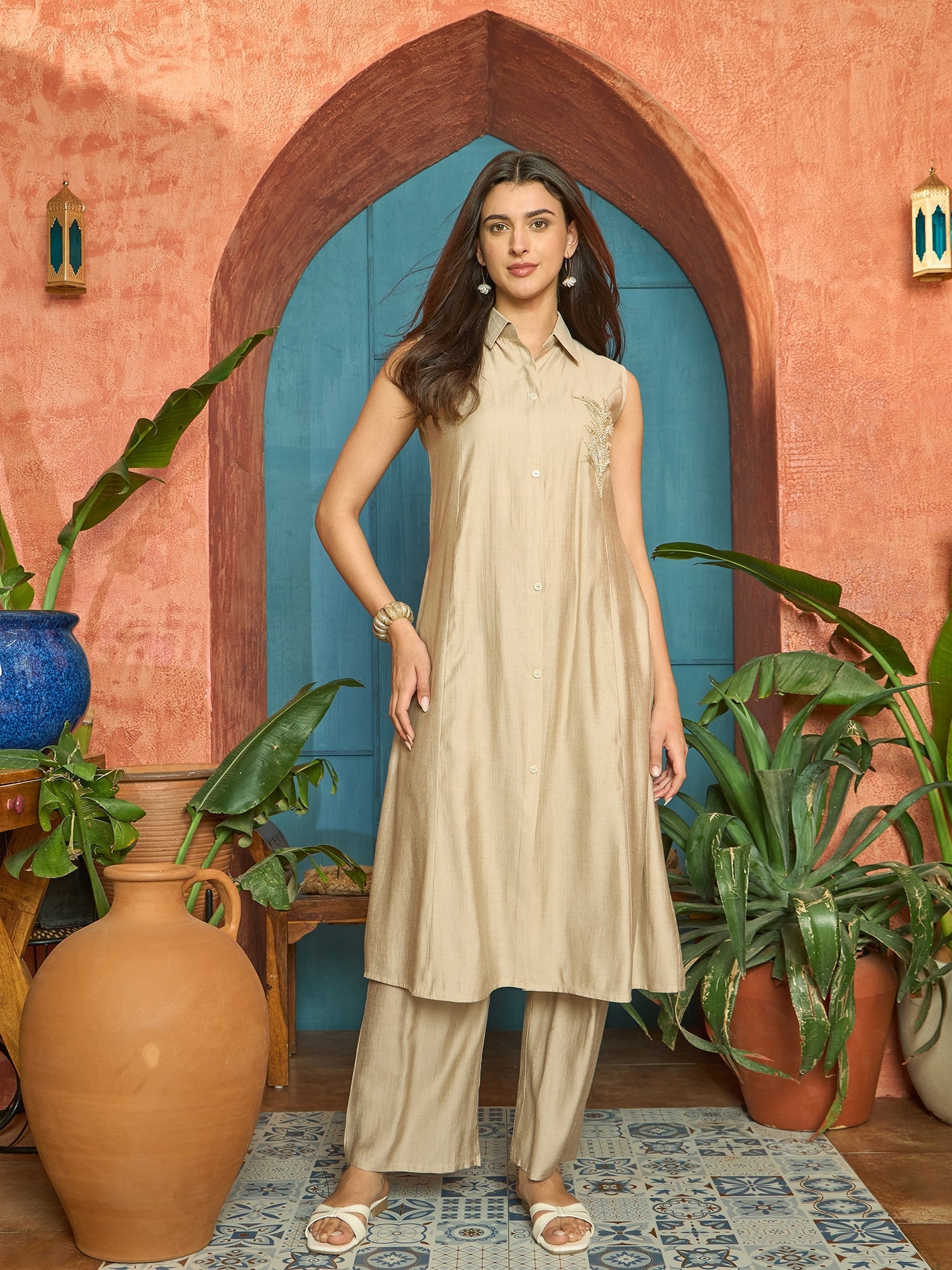 Women's Beige Solid Patch Work Poly Silk A-Line Kurta Pant Set (KPBEIG