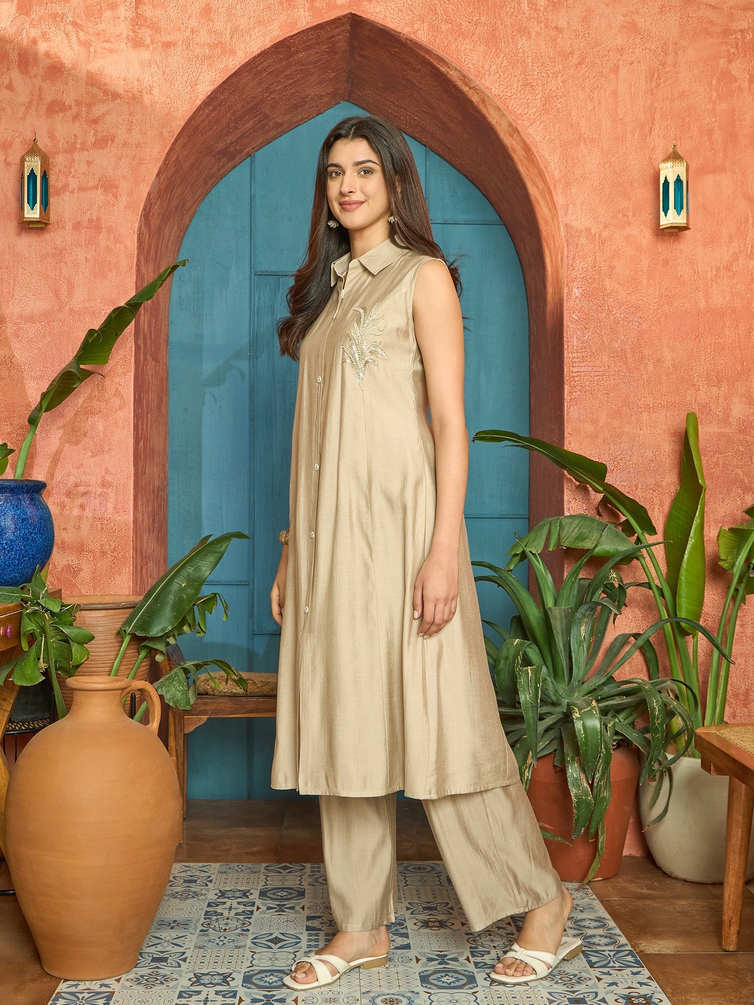 Women's Beige Solid Patch Work Poly Silk A-Line Kurta Pant Set (KPBEIG