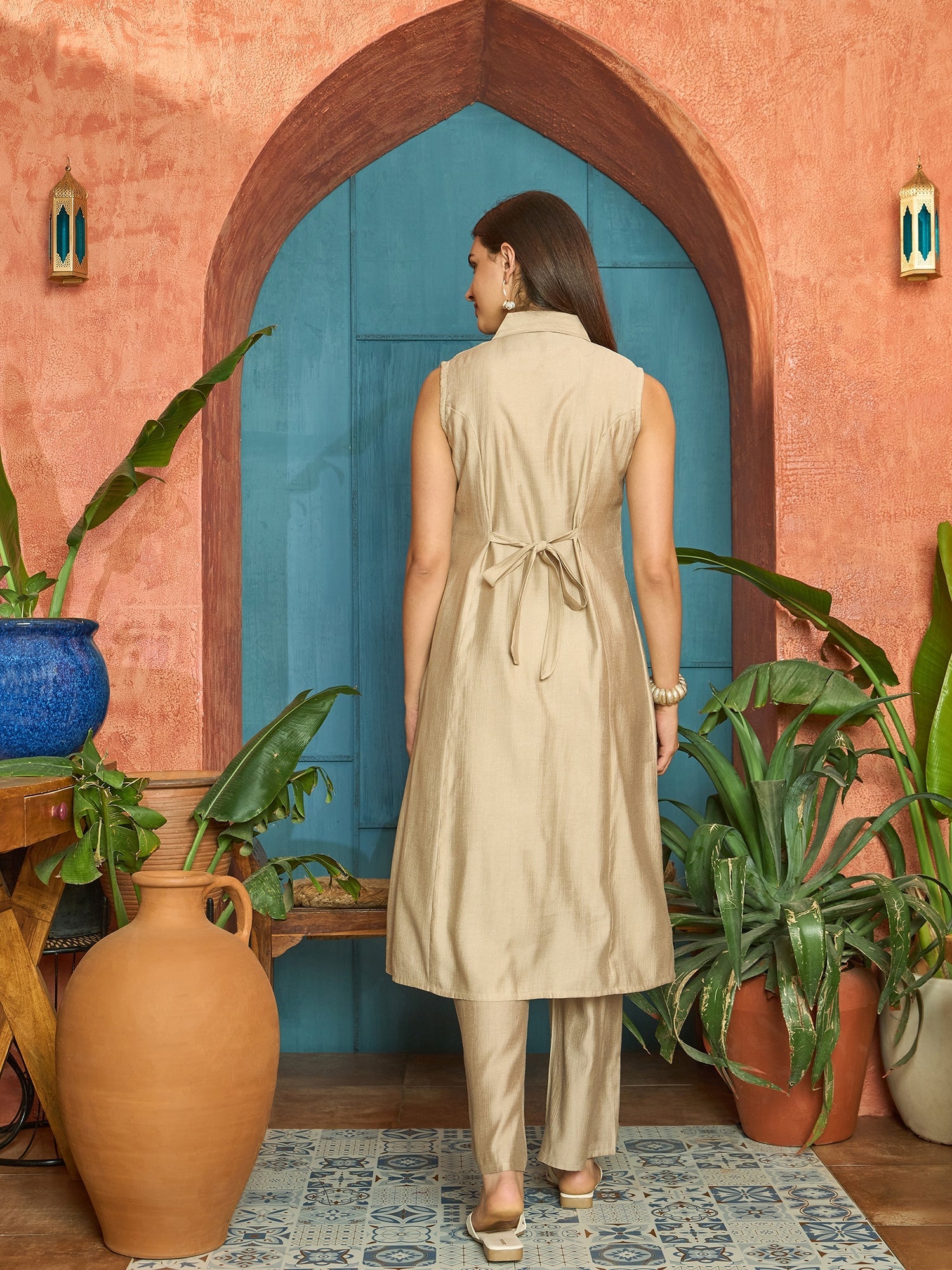 Women's Beige Solid Patch Work Poly Silk A-Line Kurta Pant Set (KPBEIG