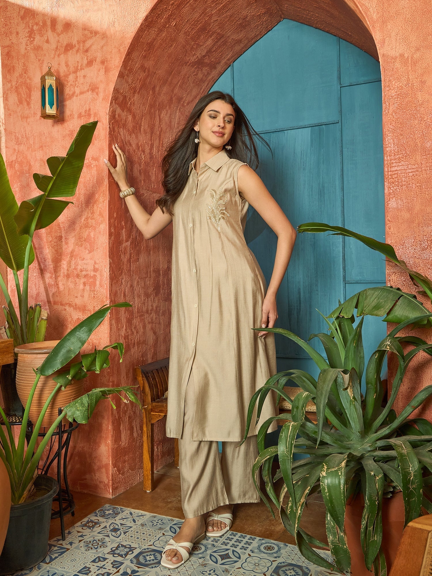 Women's Beige Solid Patch Work Poly Silk A-Line Kurta Pant Set (KPBEIG
