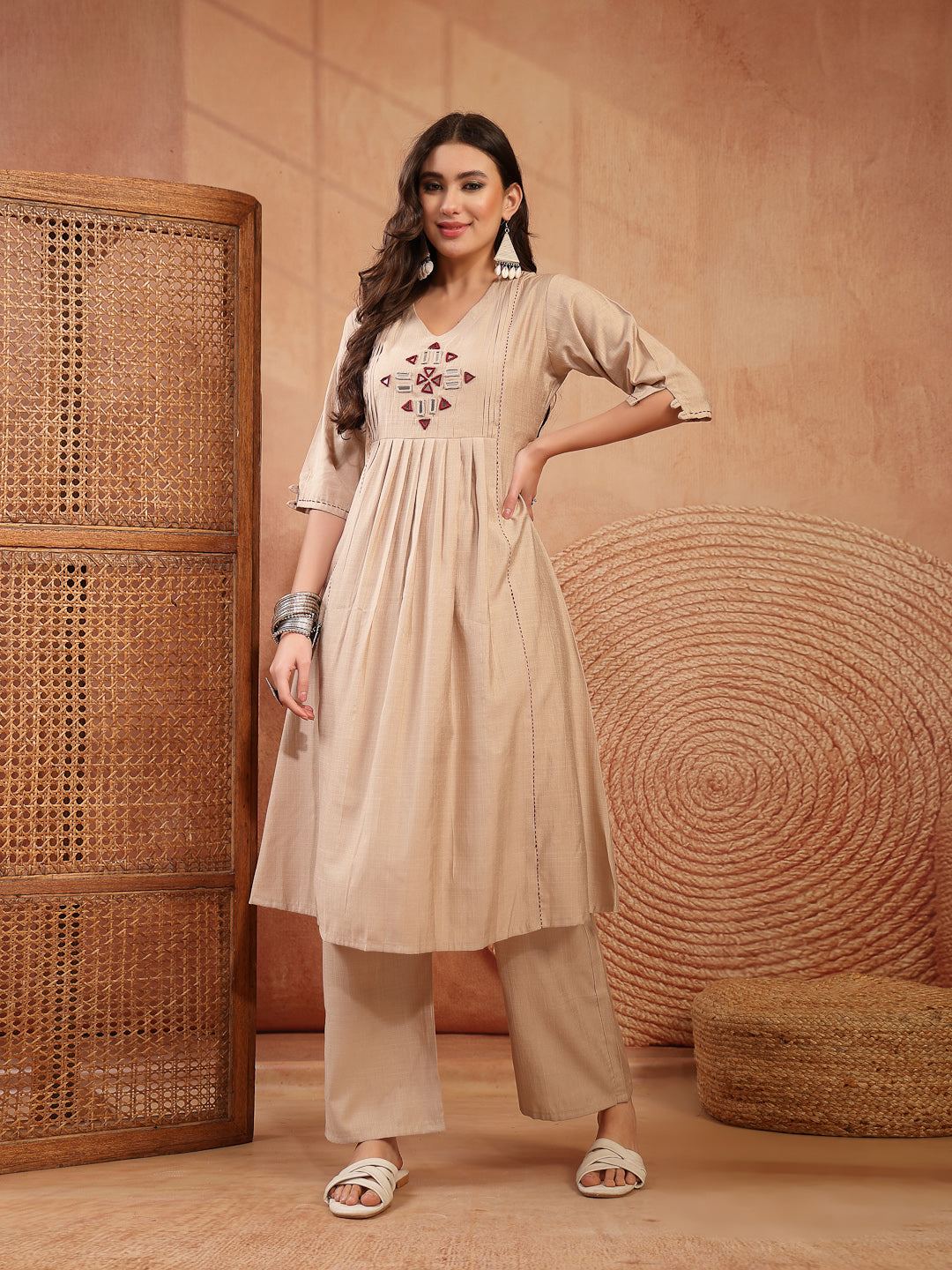 Women's Beige Solid & Embroidered Cotton A-Line Kurta Pant Set (KPBEIG