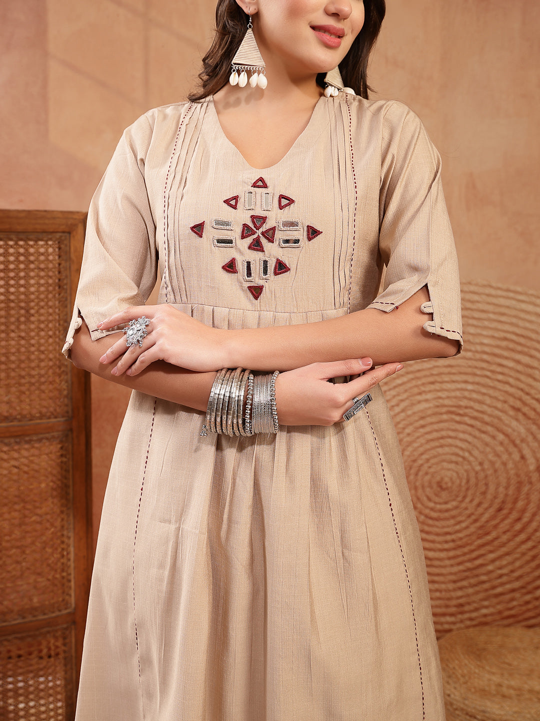 Women's Beige Solid & Embroidered Cotton A-Line Kurta Pant Set (KPBEIG