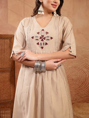 Stylum Women's Beige Solid & Embroidered Cotton A-Line Kurta Pant Set (KPBEIGETASHVI)