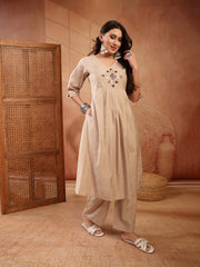 Stylum Women's Beige Solid & Embroidered Cotton A-Line Kurta Pant Set (KPBEIGETASHVI)