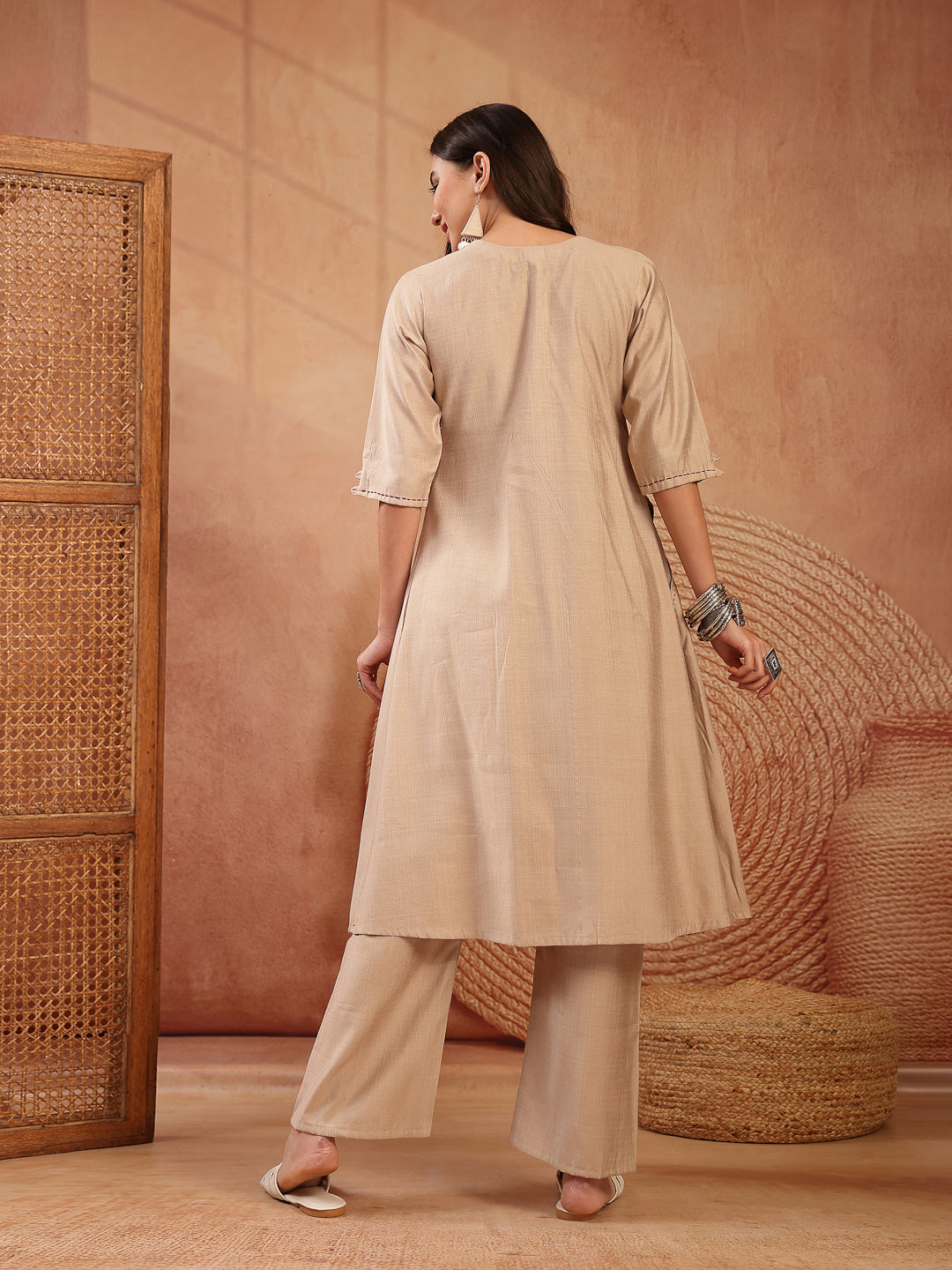 Women's Beige Solid & Embroidered Cotton A-Line Kurta Pant Set (KPBEIG