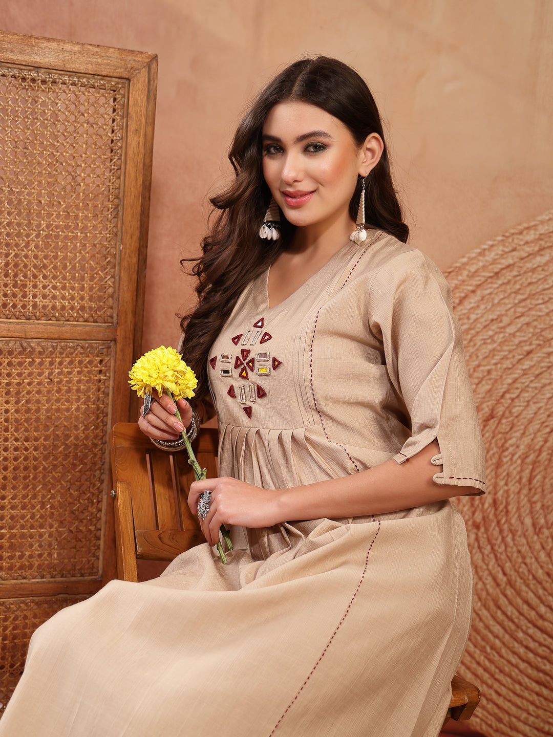 Women's Beige Solid & Embroidered Cotton A-Line Kurta Pant Set (KPBEIG
