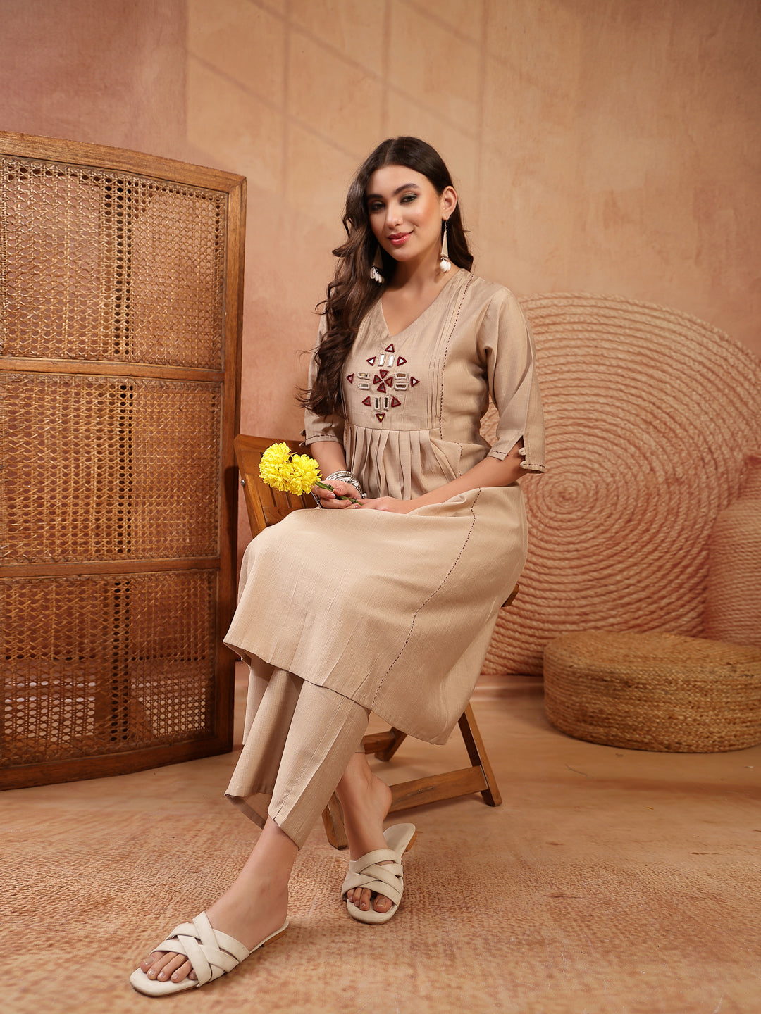 Women's Beige Solid & Embroidered Cotton A-Line Kurta Pant Set (KPBEIG