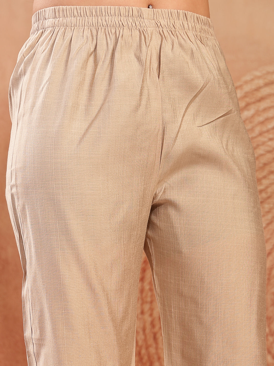 Women's Beige Solid & Embroidered Cotton A-Line Kurta Pant Set (KPBEIG