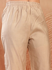 Stylum Women's Beige Solid & Embroidered Cotton A-Line Kurta Pant Set (KPBEIGETASHVI)