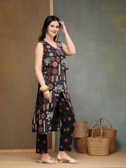 Stylum Women's Black Geometric Printed Cotton Straight Kurta Pant Set (KPBLACKELIZA)