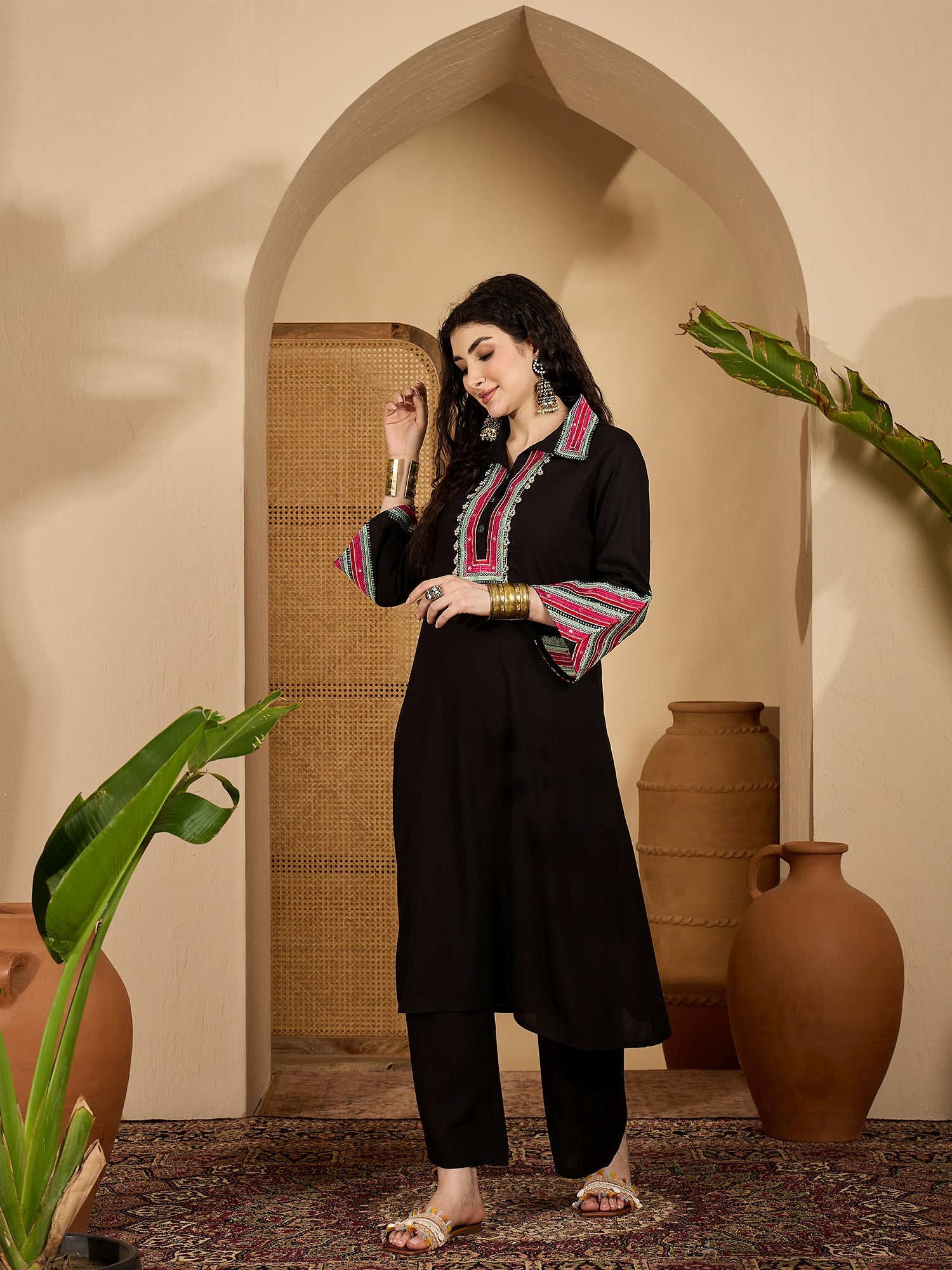 Women's Balck Solid & Embroidered Rayon A-Line Kurta Pant Set (KPBLACK