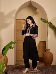 Stylum Women's Balck Solid & Embroidered Rayon A-Line Kurta Pant Set (KPBLACKIDAL)