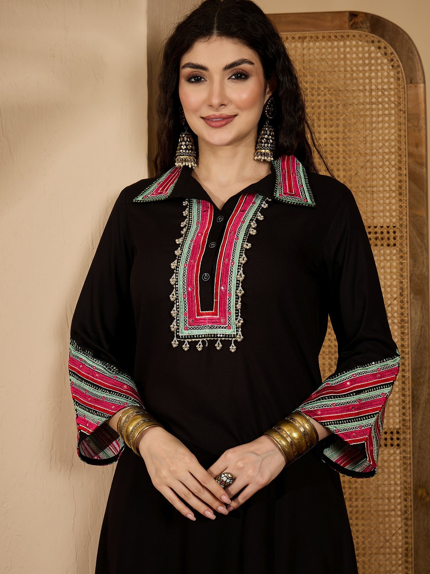 Women's Balck Solid & Embroidered Rayon A-Line Kurta Pant Set (KPBLACK
