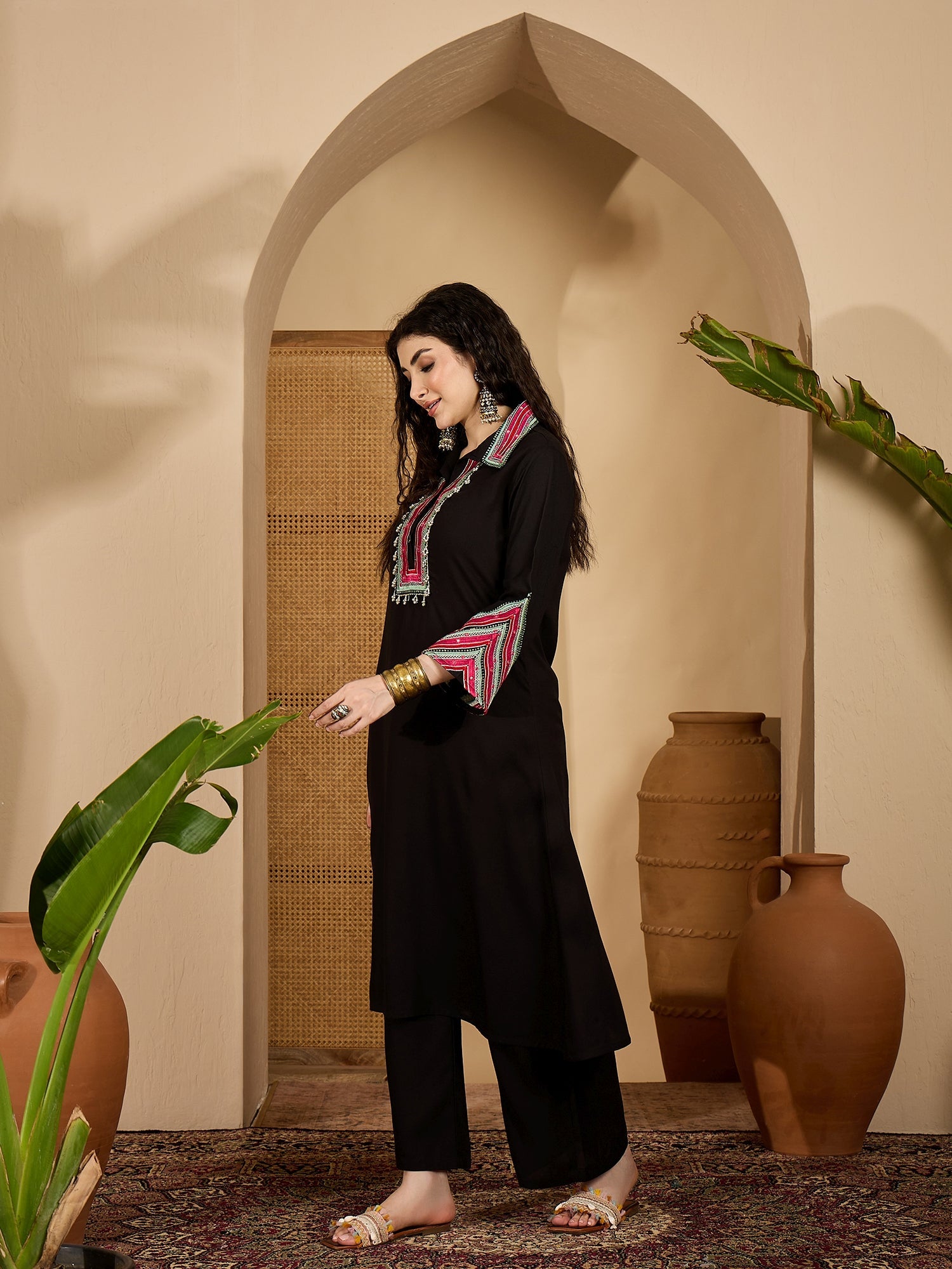 Women's Balck Solid & Embroidered Rayon A-Line Kurta Pant Set (KPBLACK