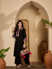 Stylum Women's Balck Solid & Embroidered Rayon A-Line Kurta Pant Set (KPBLACKIDAL)