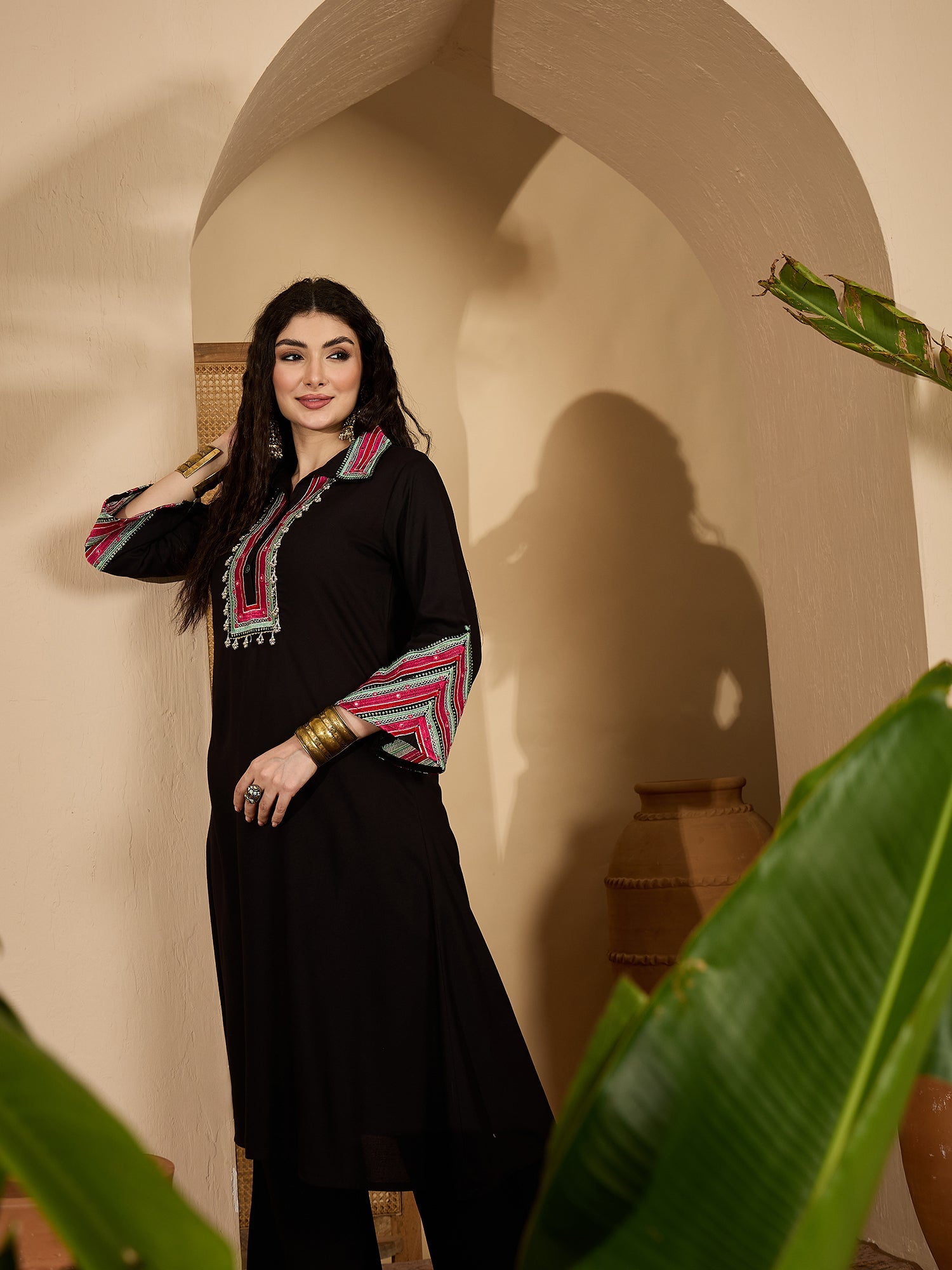Women's Balck Solid & Embroidered Rayon A-Line Kurta Pant Set (KPBLACK