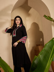 Stylum Women's Balck Solid & Embroidered Rayon A-Line Kurta Pant Set (KPBLACKIDAL)