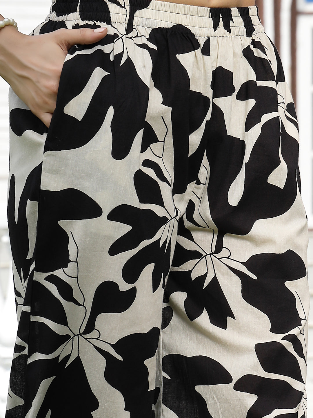 Women's Black Floral Printed Cotton Straight Kurta Palazzo Set (KPBLAC