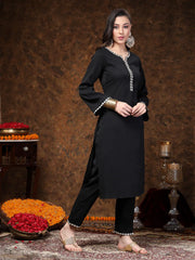 Women's Black Solid & Embroidered Italian Crepe Straight Kurta Pant Set-KPBLACKSANKARI