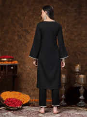 Women's Black Solid & Embroidered Italian Crepe Straight Kurta Pant Set-KPBLACKSANKARI