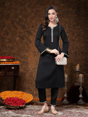 Women's Black Solid & Embroidered Italian Crepe Straight Kurta Pant Set-KPBLACKSANKARI