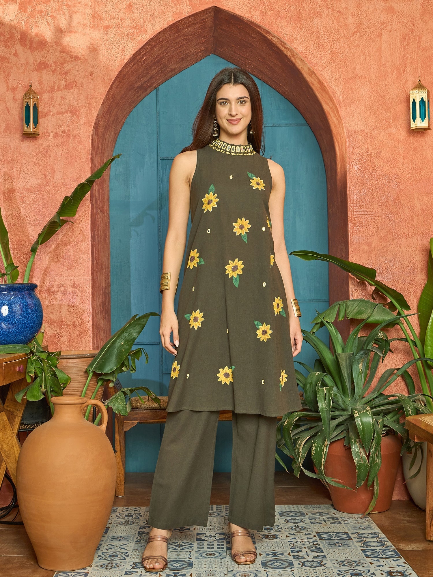 Women's Black Solid Hand Printed Mirror Work Cotton Flex A-Line Kurta 