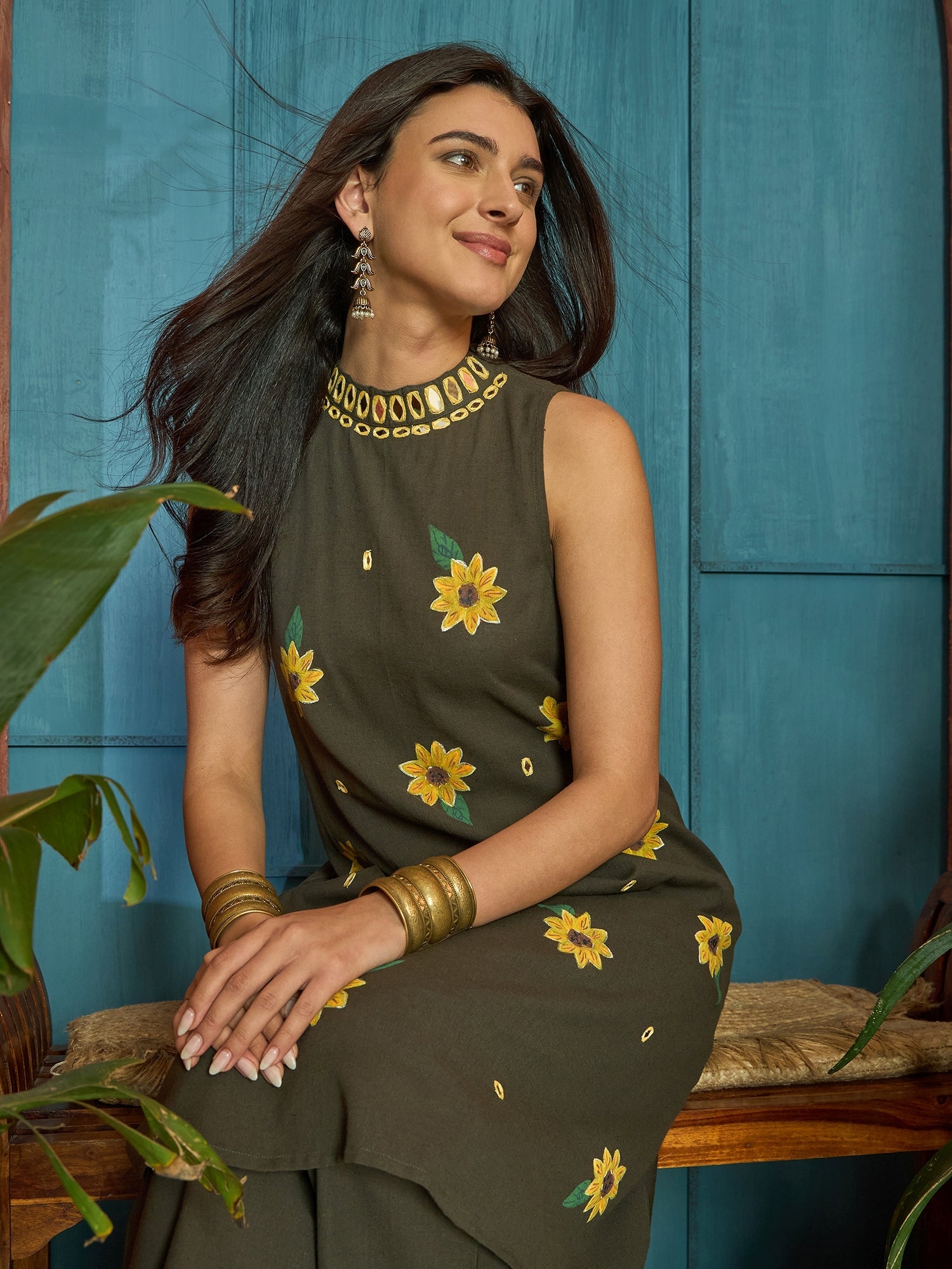 Women's Black Solid Hand Printed Mirror Work Cotton Flex A-Line Kurta 