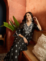 Stylum Women's Black Woven Design & Embroidered Cotton Straight Kurta Palazzo Set (KPBLACKTHANI)