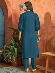 Stylum Women's Blue Solid & Embroidered Cotton A-line Kurta Pant Set (KPBLUEBIBER)