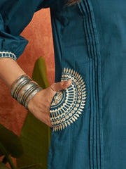 Stylum Women's Blue Solid & Embroidered Cotton A-line Kurta Pant Set (KPBLUEBIBER)