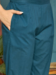 Stylum Women's Blue Solid & Embroidered Cotton A-line Kurta Pant Set (KPBLUEBIBER)