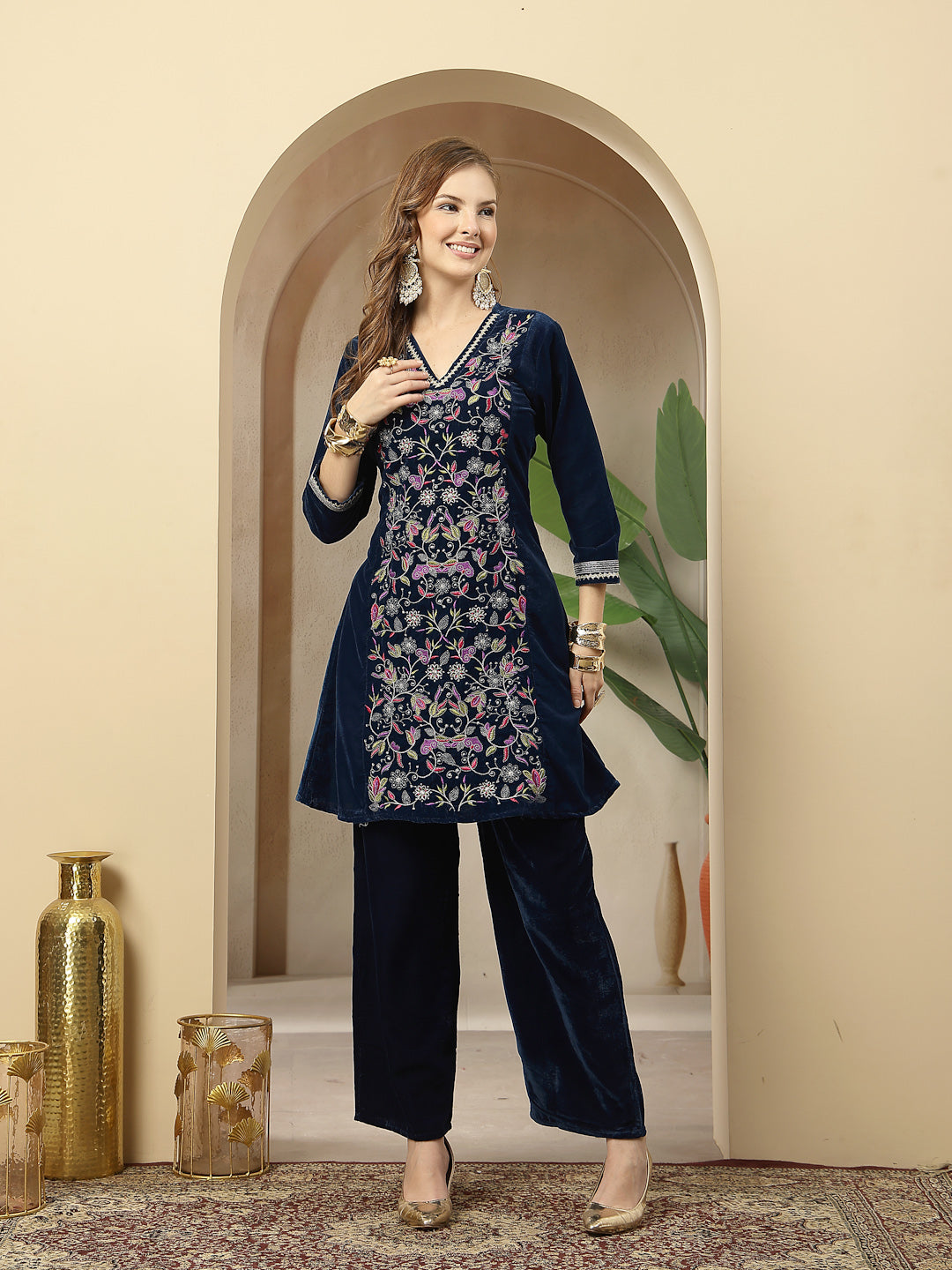 Women's Blue Solid & Embroidered Velvet A-Line Kurta Pant Set (KPBLUEF