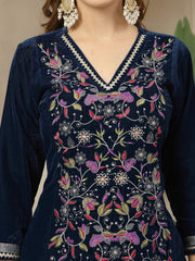Stylum Women's Blue Solid & Embroidered Velvet A-Line Kurta Pant Set (KPBLUEFORTUNE)