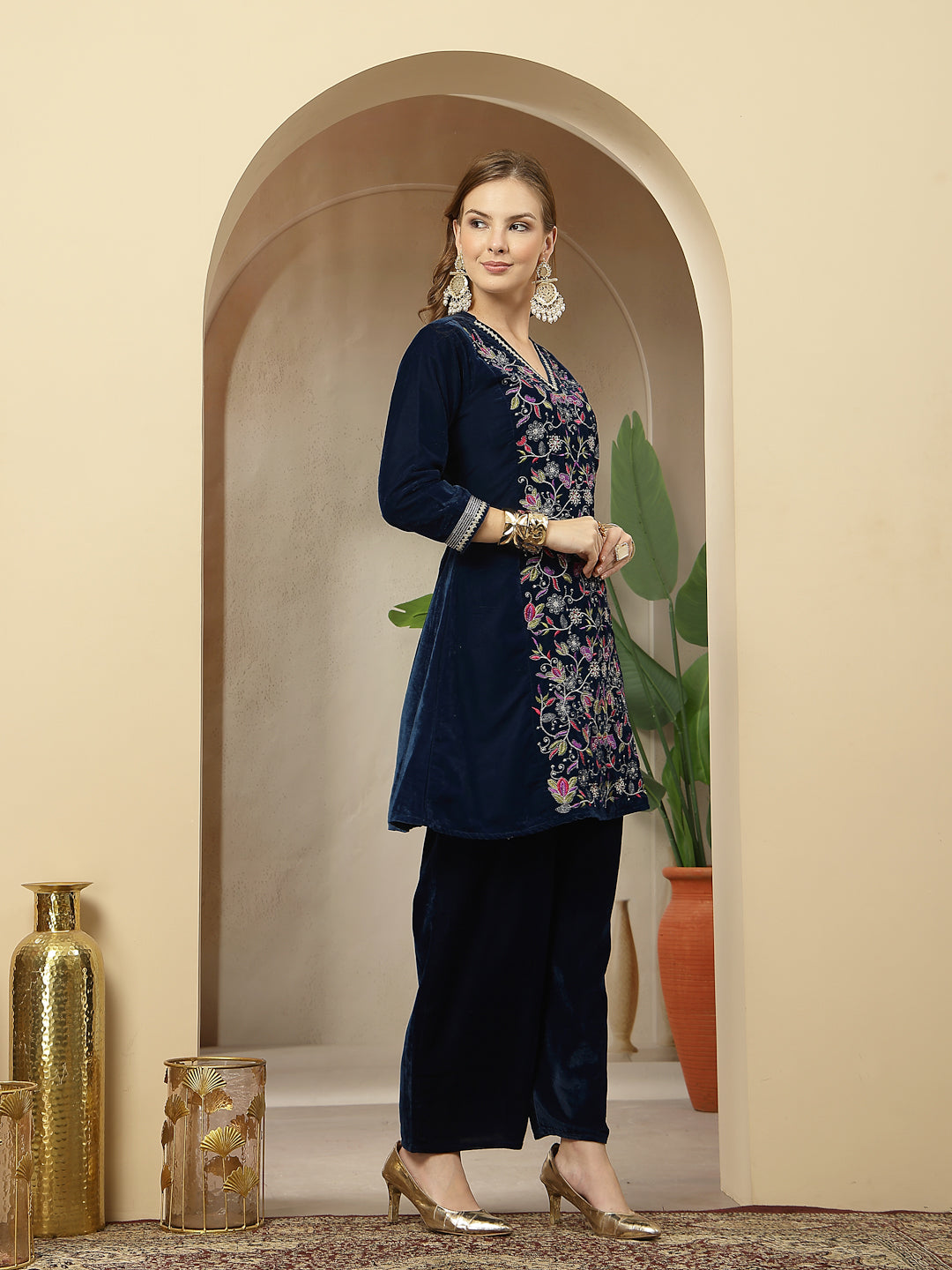 Women's Blue Solid & Embroidered Velvet A-Line Kurta Pant Set (KPBLUEF