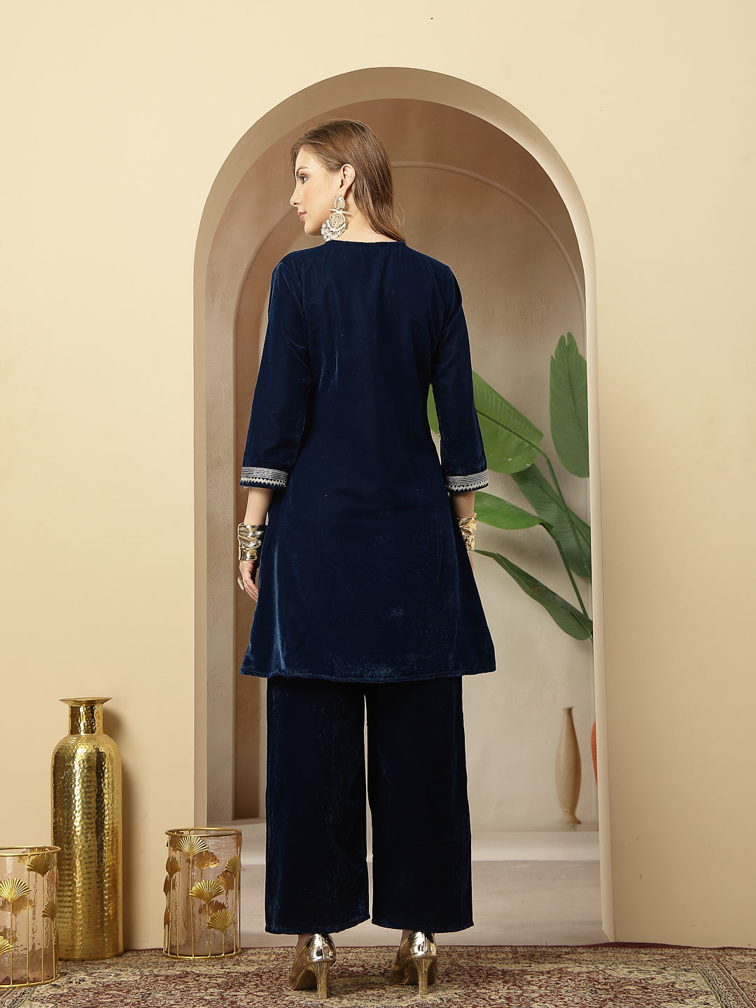 Women's Blue Solid & Embroidered Velvet A-Line Kurta Pant Set (KPBLUEF