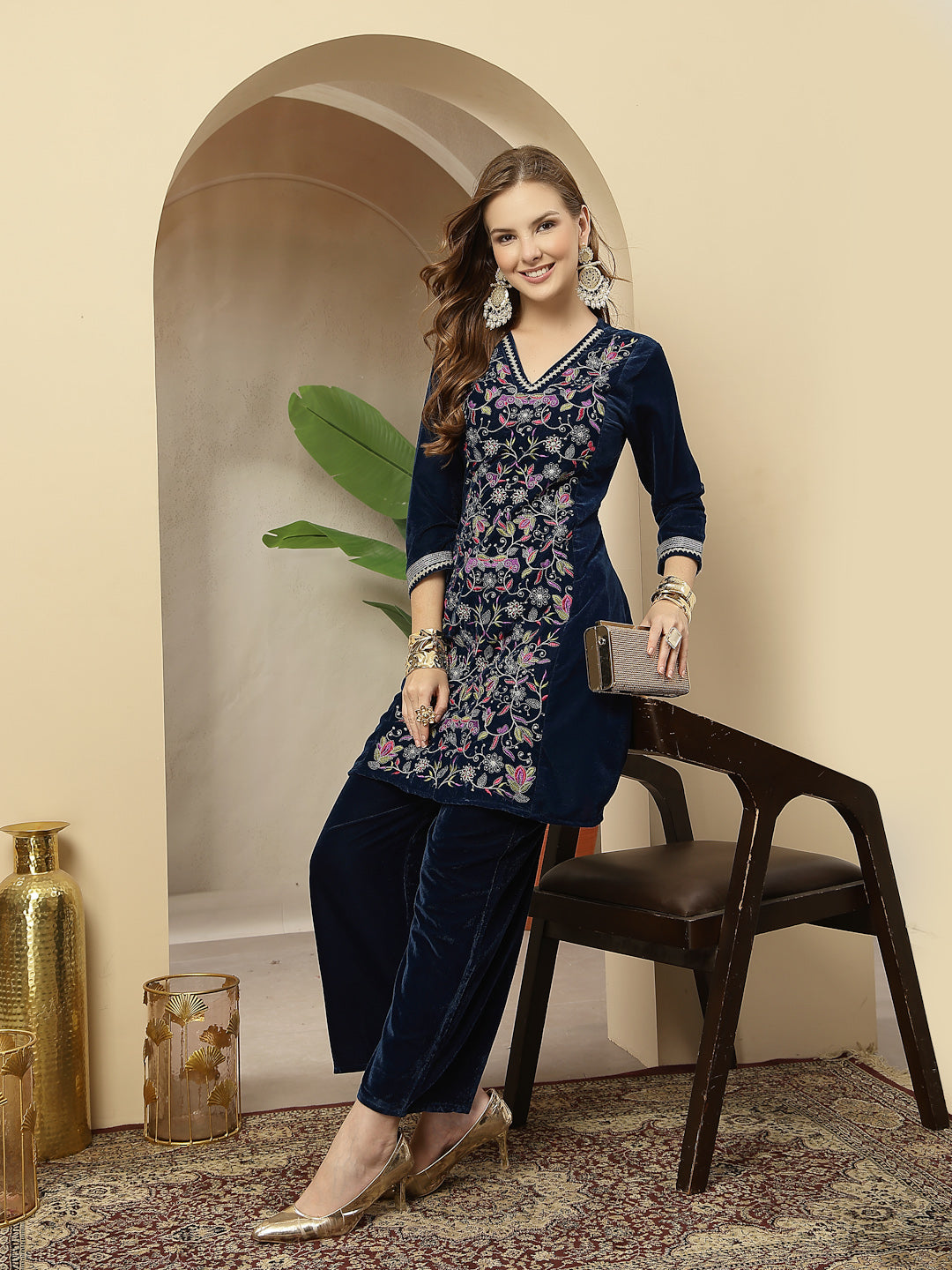 Women's Blue Solid & Embroidered Velvet A-Line Kurta Pant Set (KPBLUEF