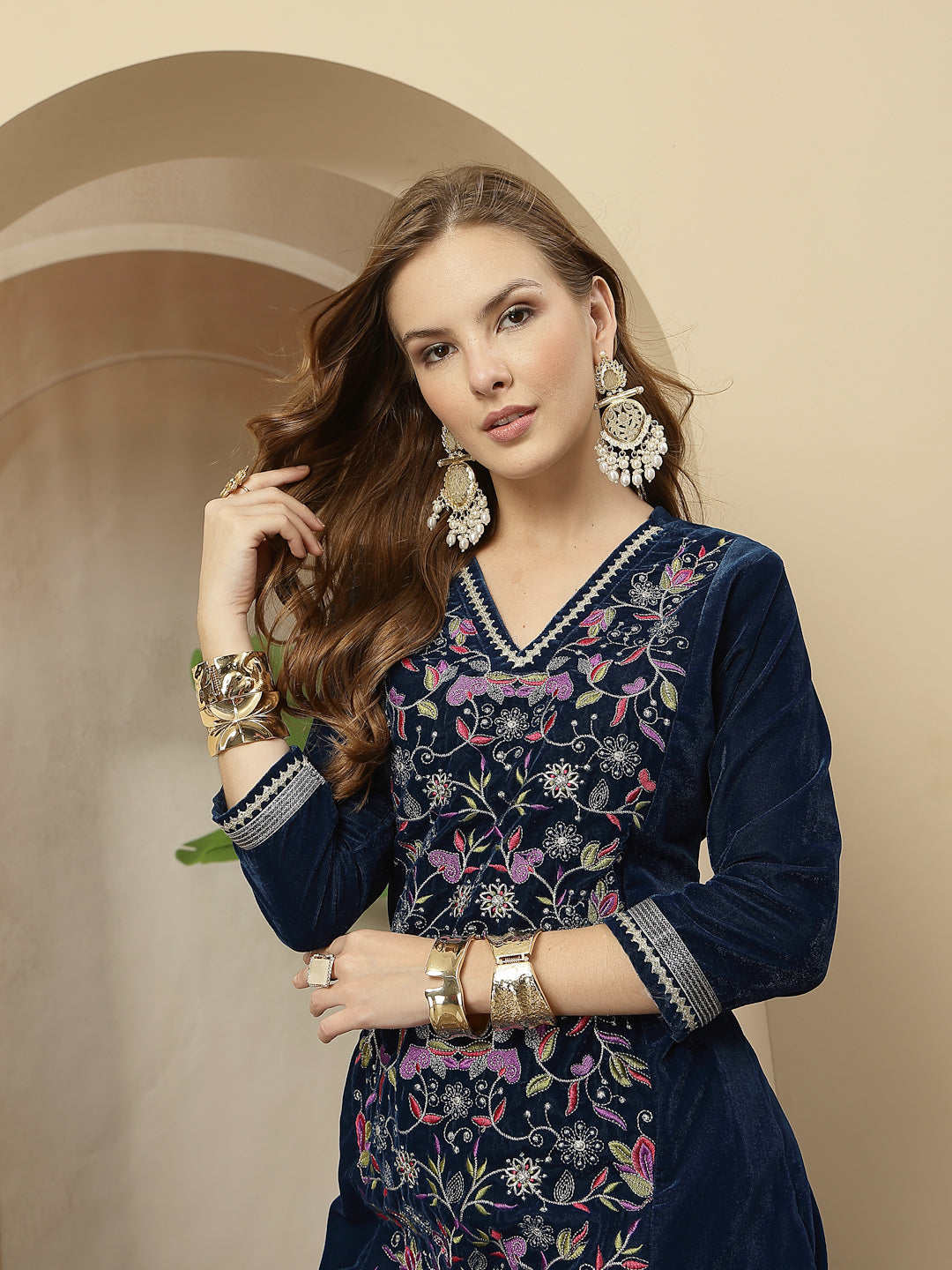 Women's Blue Solid & Embroidered Velvet A-Line Kurta Pant Set (KPBLUEF