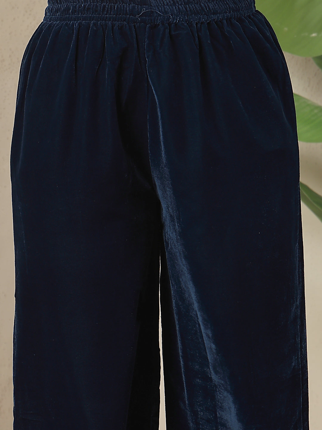 Women's Blue Solid & Embroidered Velvet A-Line Kurta Pant Set (KPBLUEF