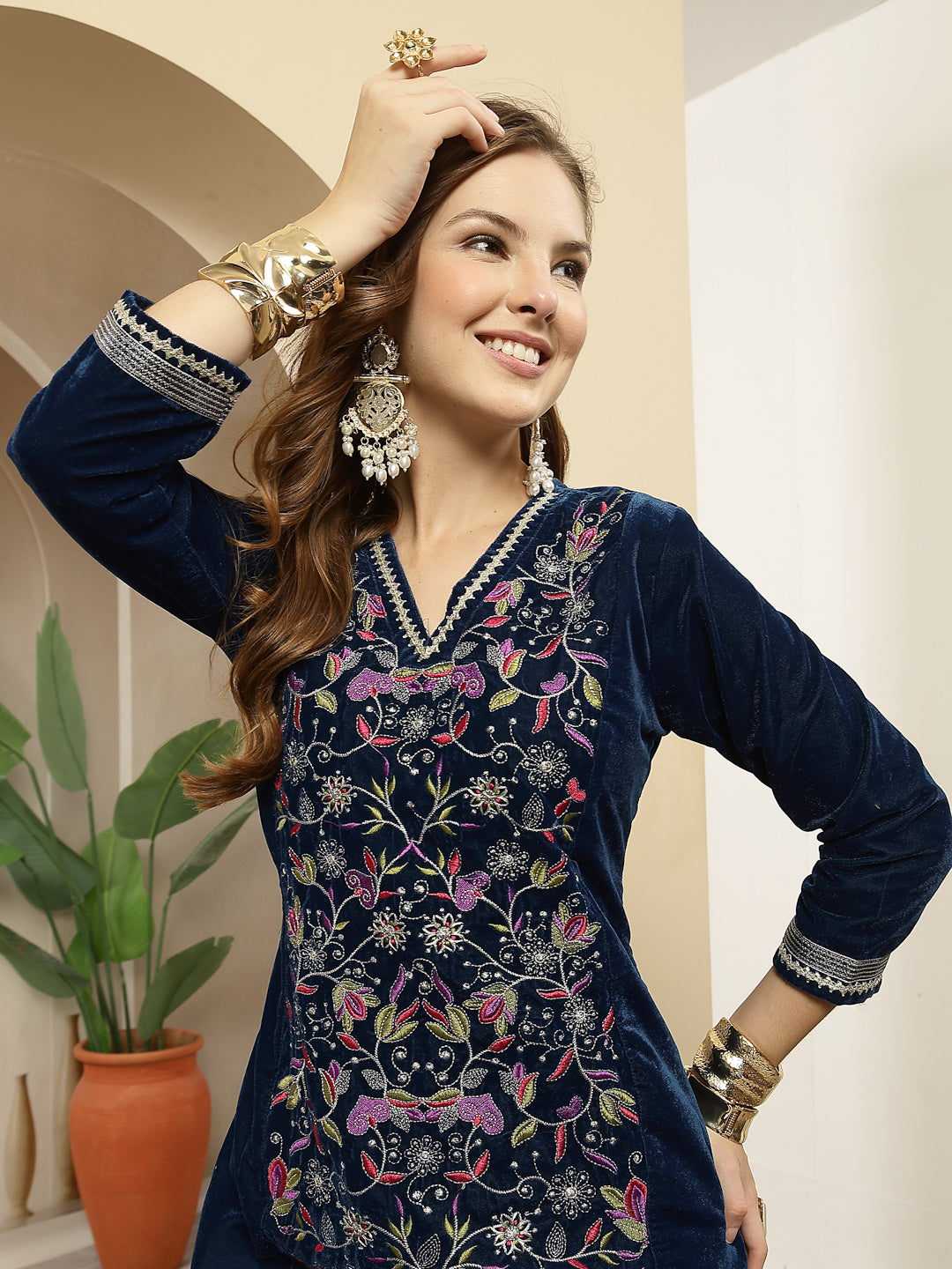 Women's Blue Solid & Embroidered Velvet A-Line Kurta Pant Set (KPBLUEF