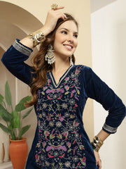 Stylum Women's Blue Solid & Embroidered Velvet A-Line Kurta Pant Set (KPBLUEFORTUNE)