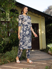 Stylum Women's Blue Tropical Printed Katha Cotton Straight Kurta Pant Set (KPBLUEGEMIN)