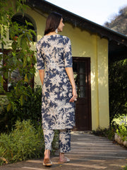 Stylum Women's Blue Tropical Printed Katha Cotton Straight Kurta Pant Set (KPBLUEGEMIN)
