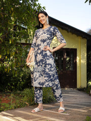 Stylum Women's Blue Tropical Printed Katha Cotton Straight Kurta Pant Set (KPBLUEGEMIN)