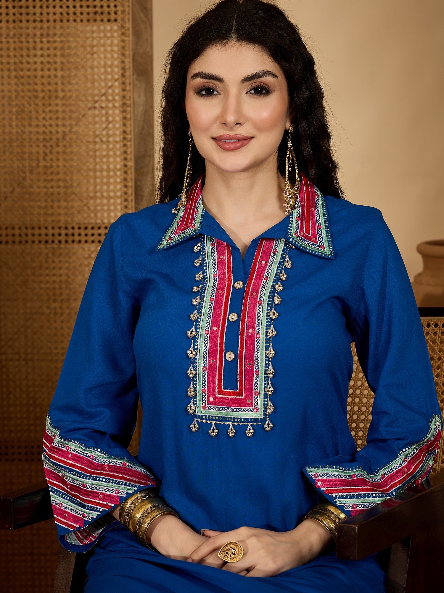 Women's Blue Solid & Embroidered Rayon A-Line Kurta Pant Set (KPBLUEID