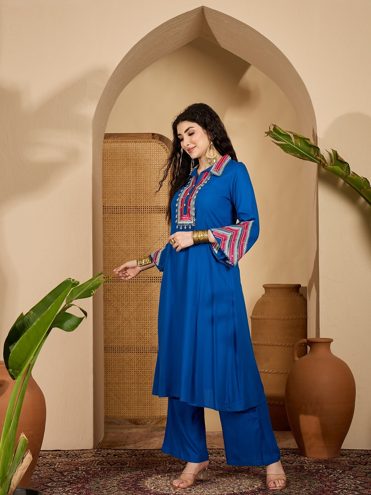 Women's Blue Solid & Embroidered Rayon A-Line Kurta Pant Set (KPBLUEID