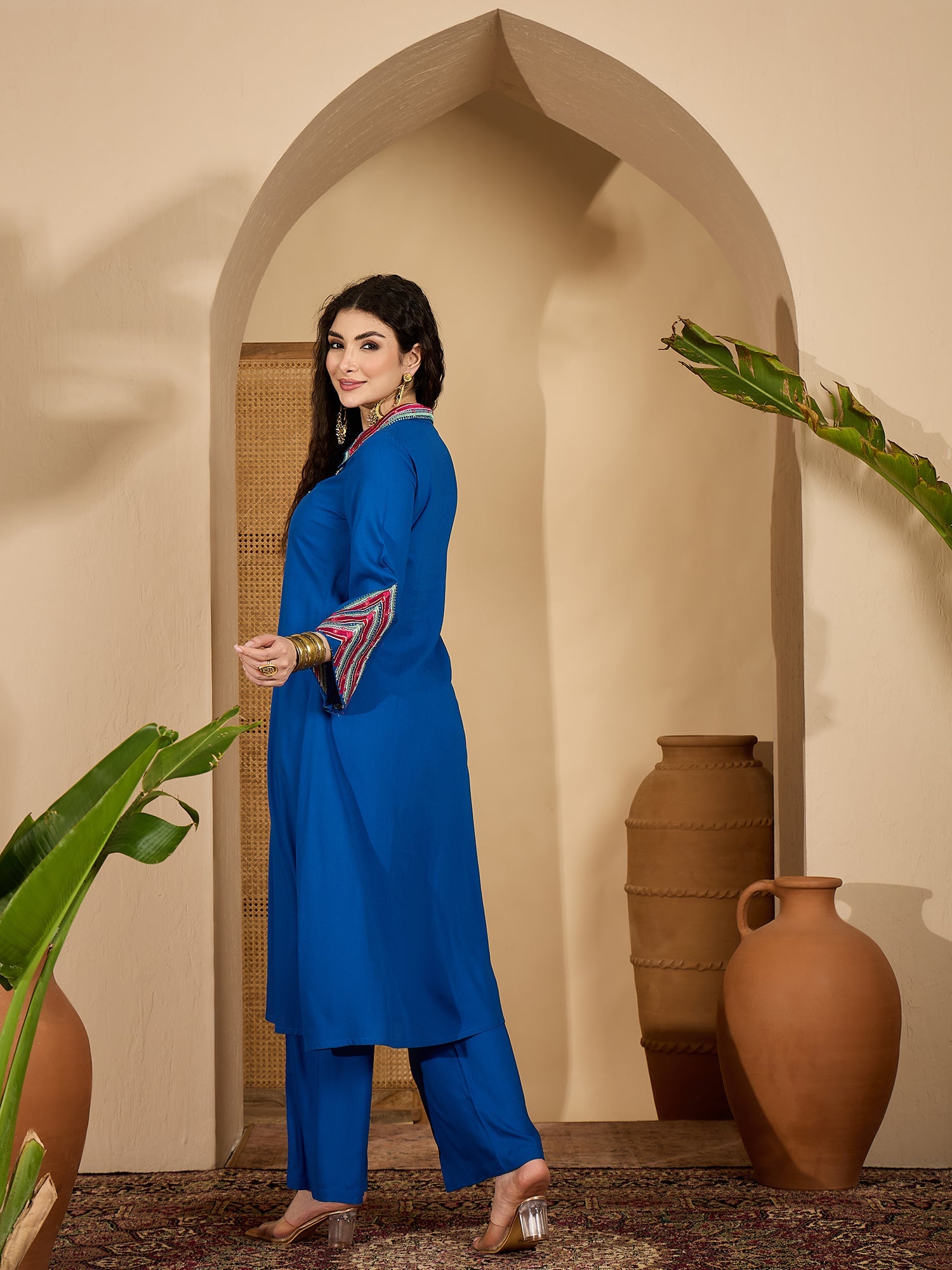 Women's Blue Solid & Embroidered Rayon A-Line Kurta Pant Set (KPBLUEID